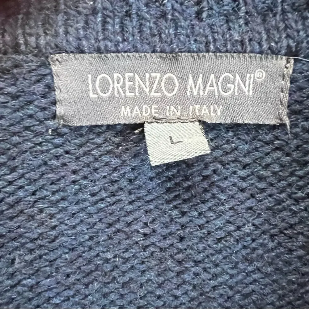 Lorenzo Magni Made in Italy Wool Blend Cable Knit Sweater Men’s Size L Navy Blue